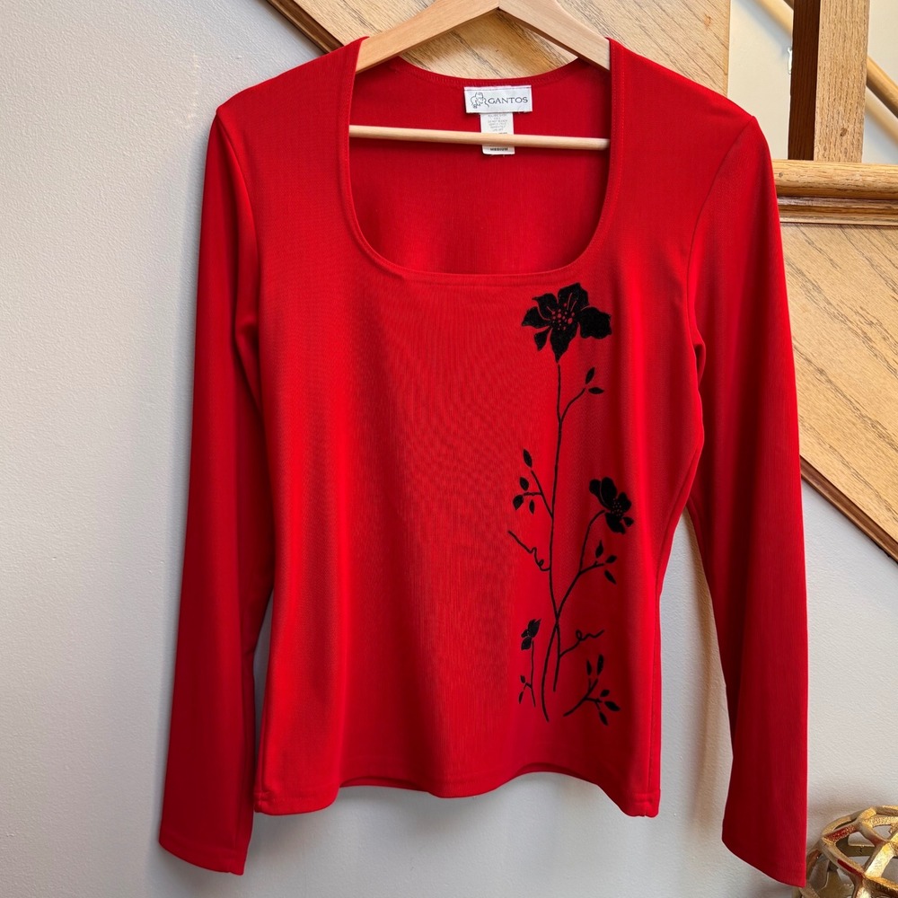 Vintage GANTOS Women Red Square‎ Neck Floral Velvet Burnout Embellished Top M